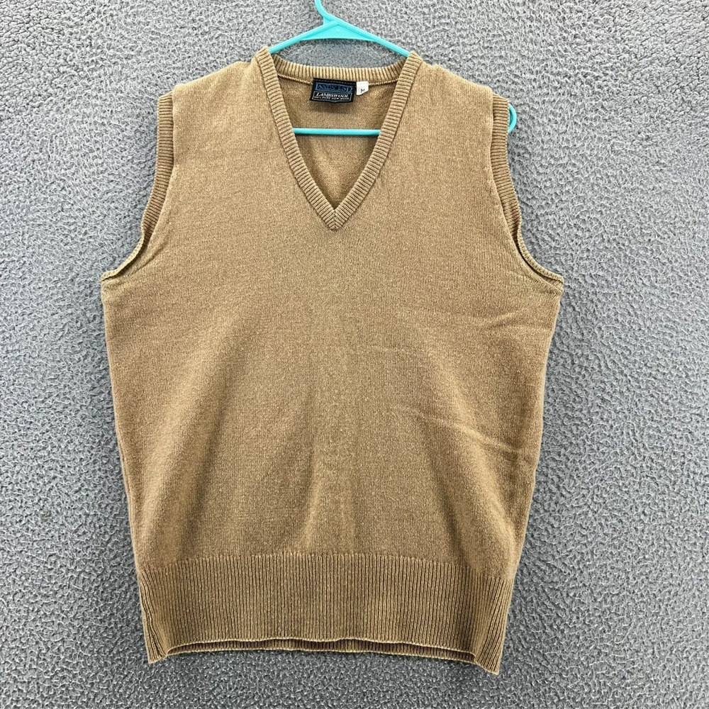 Vintage 90s‎ Lands End Sweater Vest Mens M Tan Beige Lambs Wool Made England